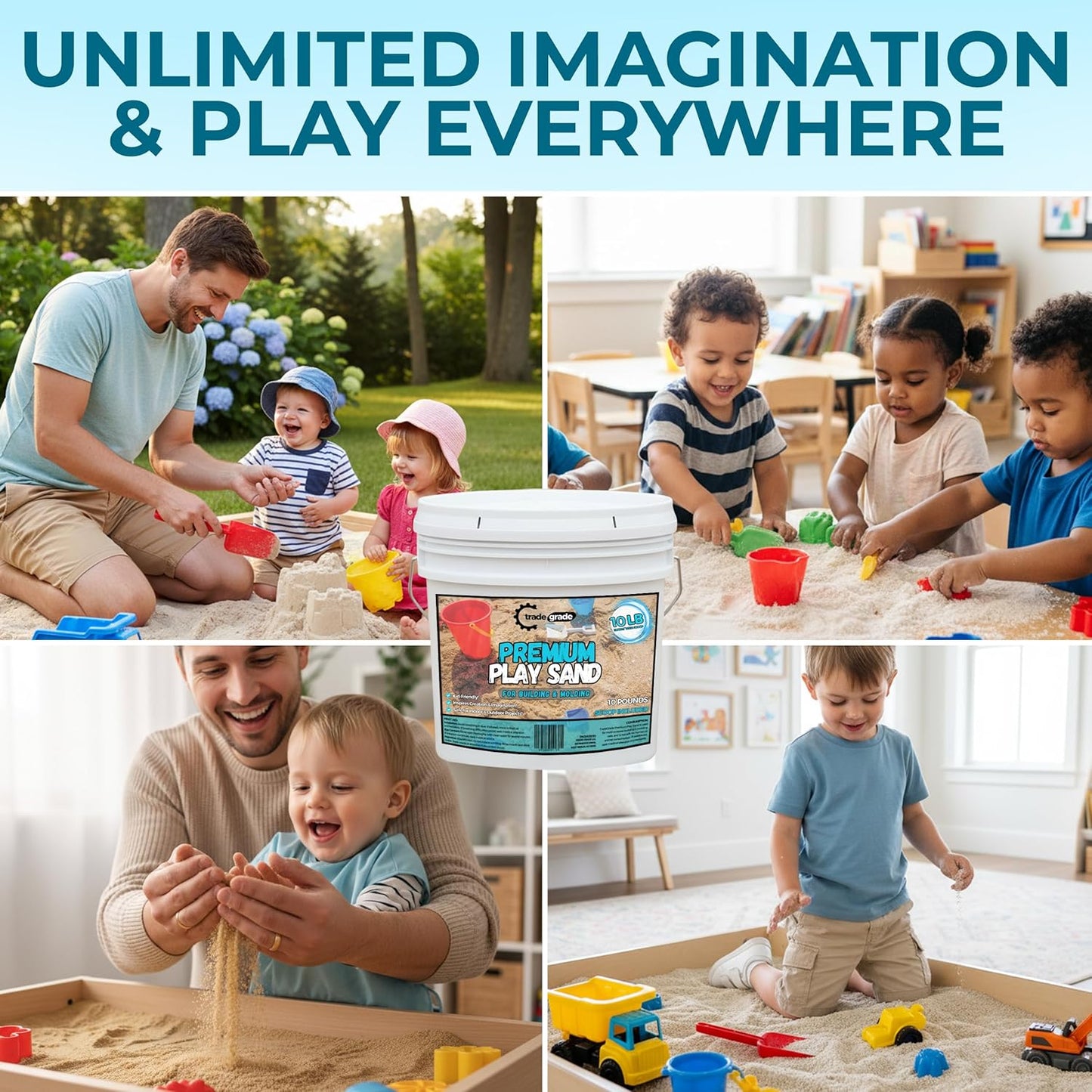 Trade Grade Play Sand for Sandbox Sand for Kids - Bulk Bucket Natural Play Sand for Kids, Sensory Play, Tables, & Outdoor Fun, Perfect for Wet Castle Building & Creativity (10 Pounds)