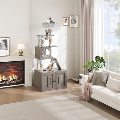 66.9-Inch Cat Tree Tower with Litter Box Enclosure, Multi-Level Cat Furniture Featuring Hammock and Washable Cushions, Indoor Cat Tower for Play, Rest, and Privacy