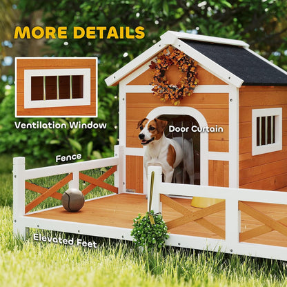 PawHut Outdoor Dog House, 56" Wooden Dog House with Large Porch, Weatherproof & Openable Roof, Elevated Base, Removable Floor, Outside Shelter for Small to Medium Breeds, 47" × 56" × 31.5"