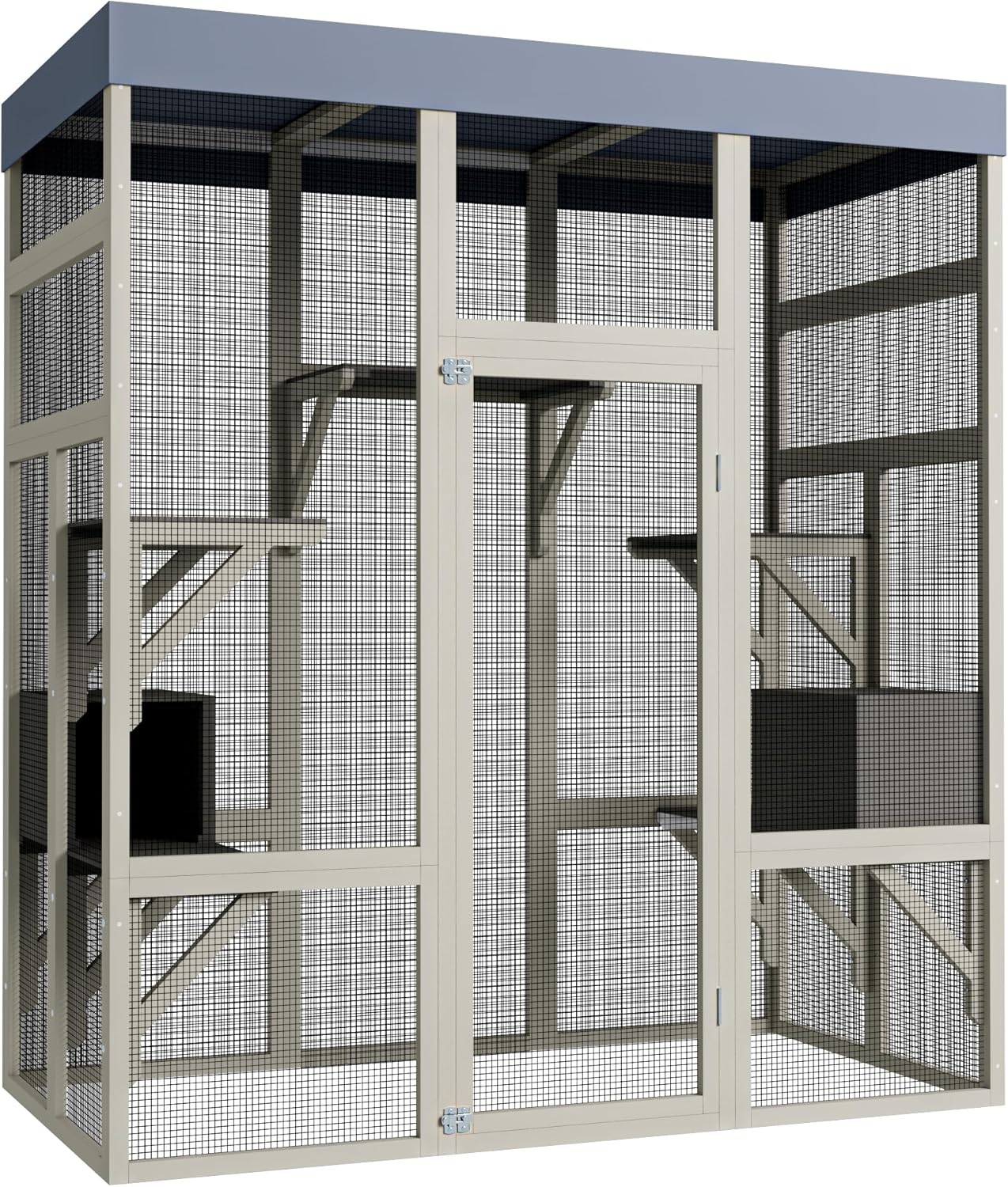 KEIKI 62.6" Outdoor Wooden Catio for Cats, Large Cat Shelter Enclosure with Platforms, Cat Houses with Secure Rust-Proof Wire and Upgrade, Waterproof CoverPet Cage for Patio or Backyard