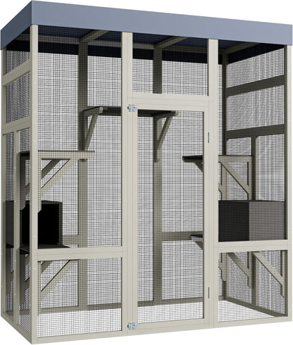 KEIKI 62.6" Outdoor Wooden Catio for Cats, Large Cat Shelter Enclosure with Platforms, Cat Houses with Secure Rust-Proof Wire and Upgrade, Waterproof CoverPet Cage for Patio or Backyard