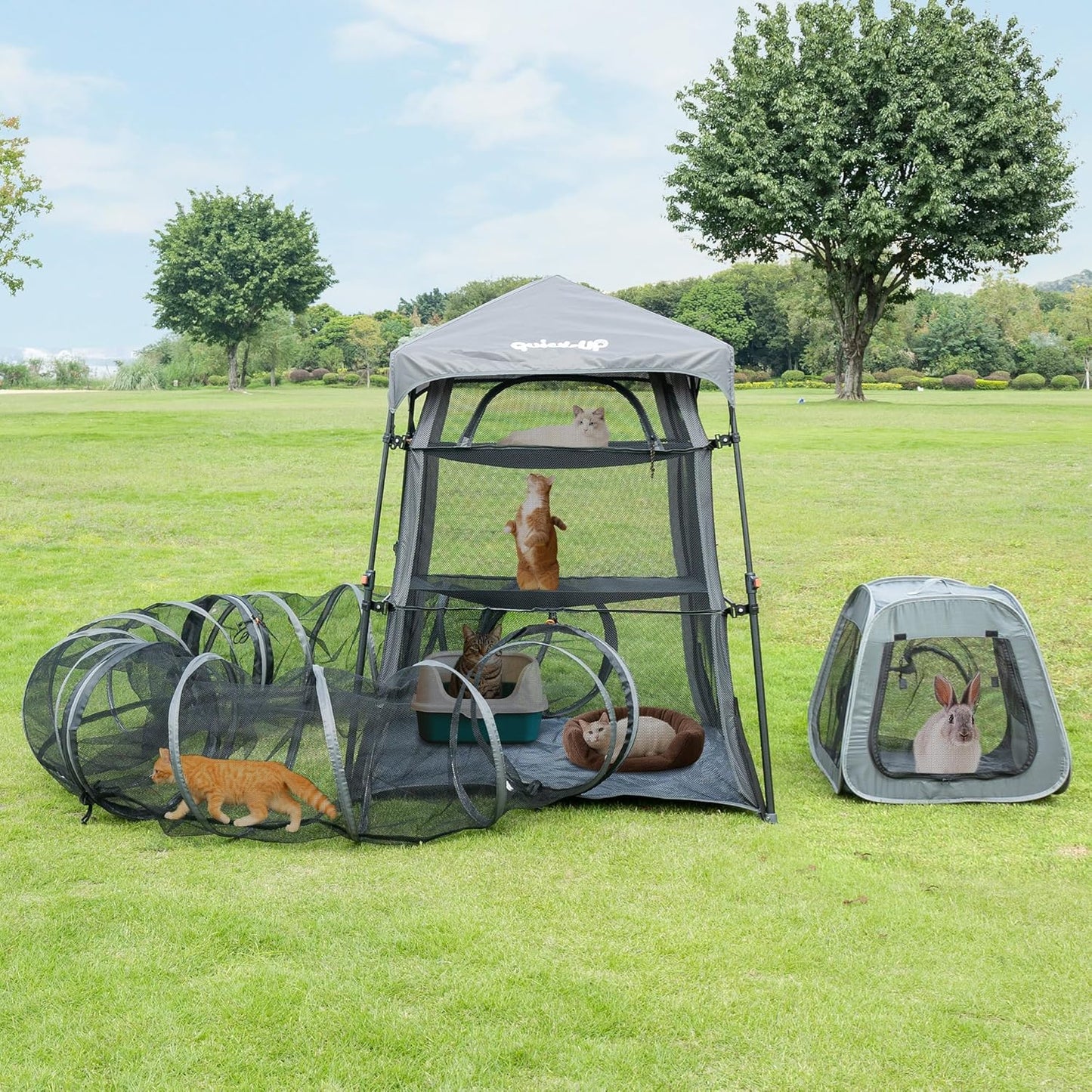 Large Outdoor Cat Enclosure for Indoor and Outdoor, 3 in 1 Cat Tower Tent with Tunnel and Pop Up Cage,Portable Catio with Waterproof Floor and 3 Doors (Includes Kitten Toys)+ Run Tunnel(2Pack)