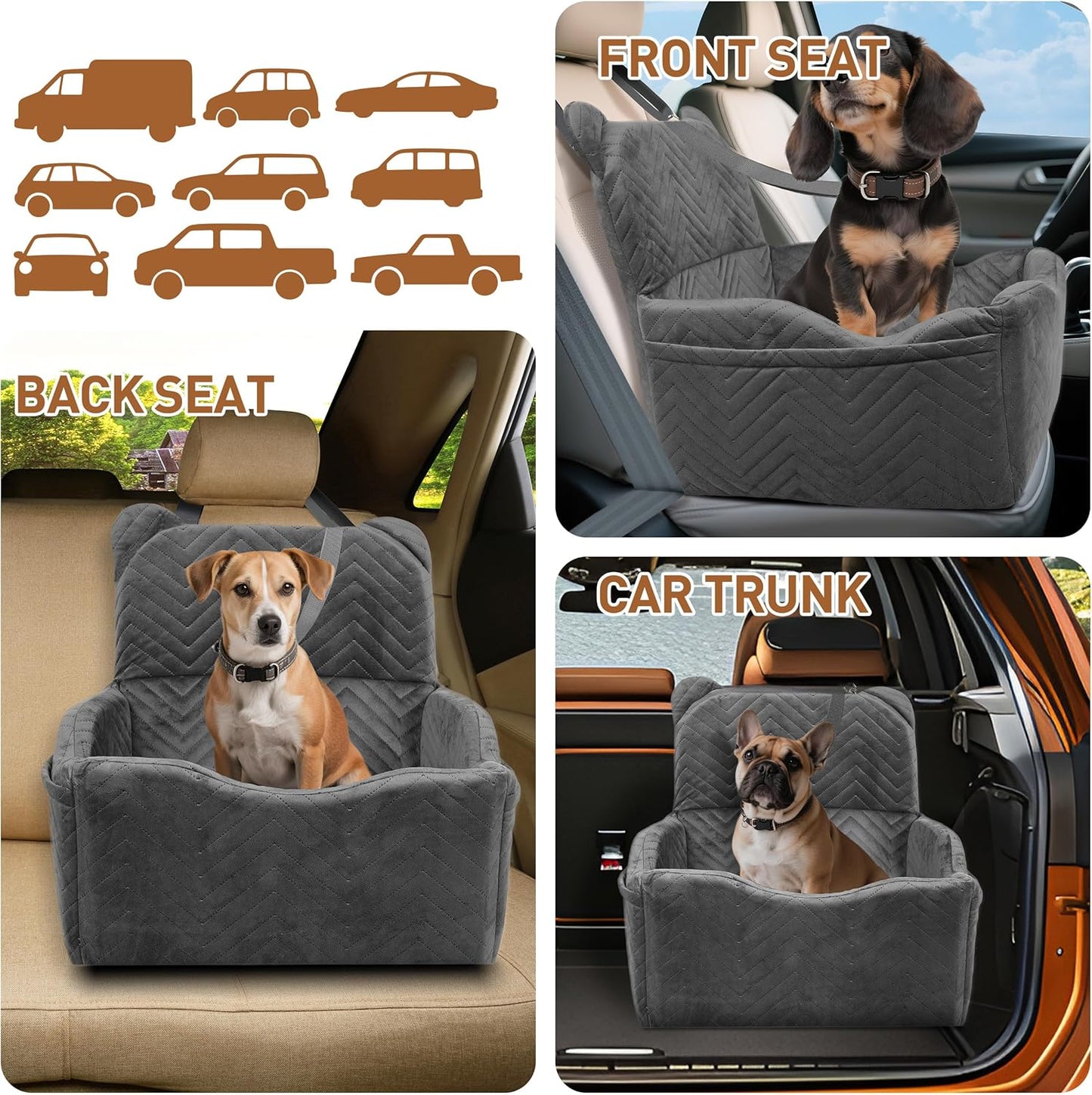 Dog Car Seat Booster with Waterproof Cover, Memory Foam, Small/Medium Dog Bed for Car Back Seat for Travel, 2 Safety Belt