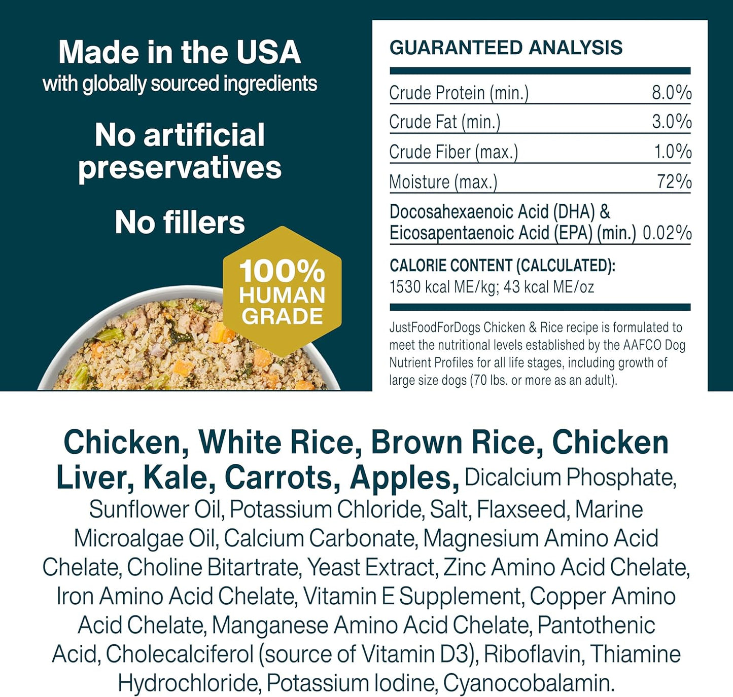 JustFoodForDogs Frozen Fresh Dog Food, Complete Meal or Topper, Chicken & Rice Human Grade Recipe, 18 oz (Pack of 7)