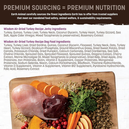 Earth Animal Wisdom Air Dried Dog Food & Jerky Bundle – Turkey Recipe, Premium Natural Dog Food & Treats for All Breeds & Ages - Includes 2 lb Bag + 4 oz Jerky Strips - Made in The USA