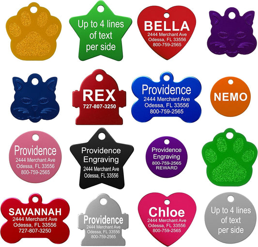 Providence Engraving Pet ID Tags - Small or Large Personalized Anodized Aluminum Pet Tags in Bone, Round, Star, Heart, Hydrant, Paw and Cat Face Shapes and 9 Colors for Dog and Cat