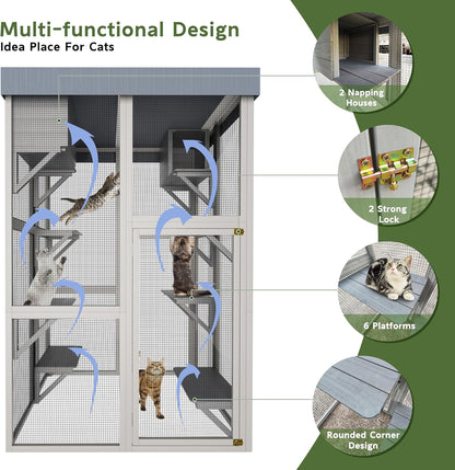 70.5" H Catio Outdoor Cat Enclosure,Cat House with Waterproof Roof and Large Enter Door,Wooden Shelter W/ 6 Jumping Platforms & 2 Napping Houses,Cats Cage for Walk in Kitten Kennel,Gray