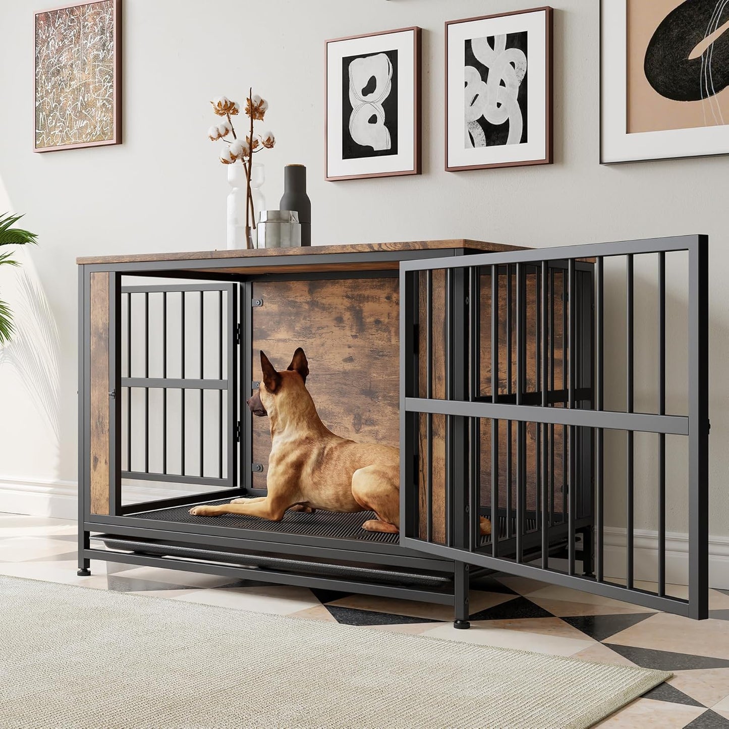 LUMILAND Stylish Dog Crate Furniture for Ultimate Comfort, Multi-Functional and Chew-Resistant Design, Rustic Brown