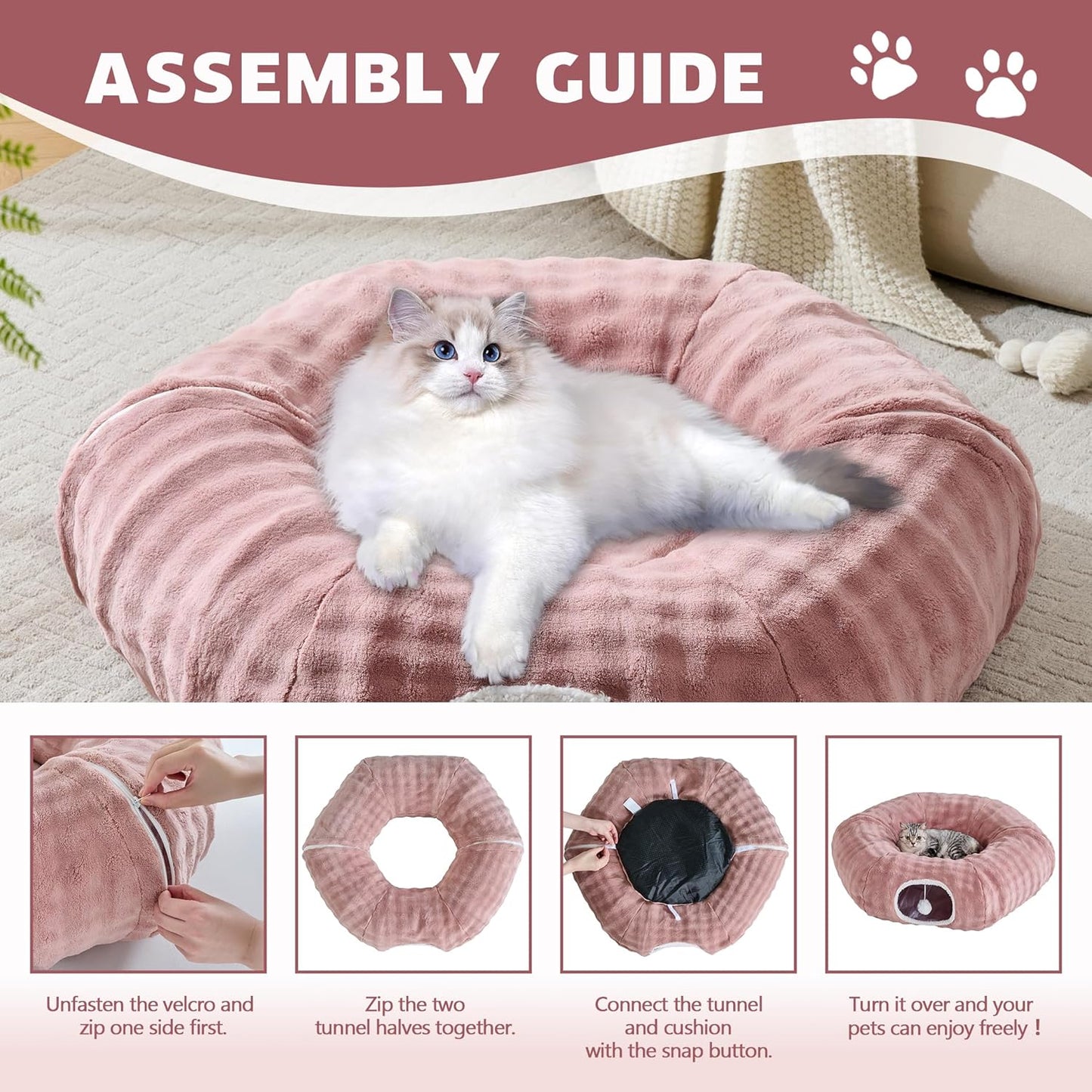 Bubble Cat Tunnel for Indoor Cats, Round Peekaboo Cave Toy with Dangling Balls, Donut Tunnel Bed with Circle Mat for Puppy Kitten Rabbit, Dusty Pink