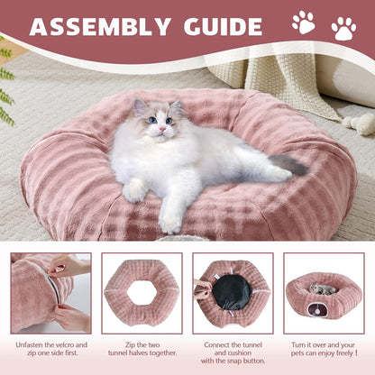 Bubble Cat Tunnel for Indoor Cats, Round Peekaboo Cave Toy with Dangling Balls, Donut Tunnel Bed with Circle Mat for Puppy Kitten Rabbit, Dusty Pink