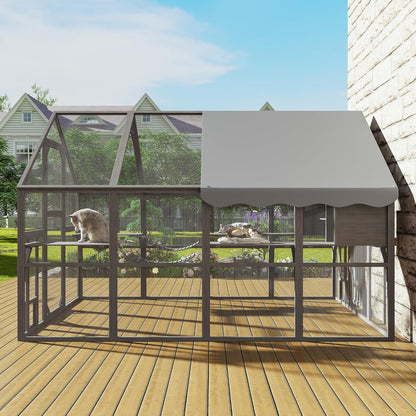 Extra Large Catio – Walk-in Outdoor Cat Enclosure for Multiple Cats, 110" Multi-Level Wood Cat Patio Playpen with Weatherproof Roof, Bridges, Condos and Door Access