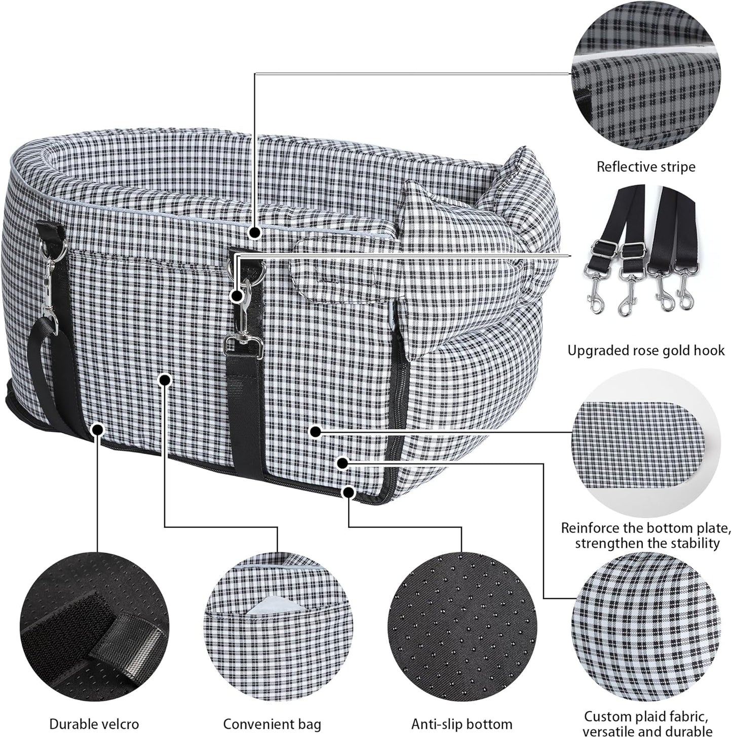 Center Console Dog Car Seat Dog Bed for Car Console Portable Armrest Booster Seat Carrier for Small Medium Dogs Anti-Collapse for Puppy Pet Up to 15 Lbs（Grid Black）