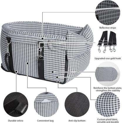 Center Console Dog Car Seat Dog Bed for Car Console Portable Armrest Booster Seat Carrier for Small Medium Dogs Anti-Collapse for Puppy Pet Up to 15 Lbs（Grid Black）