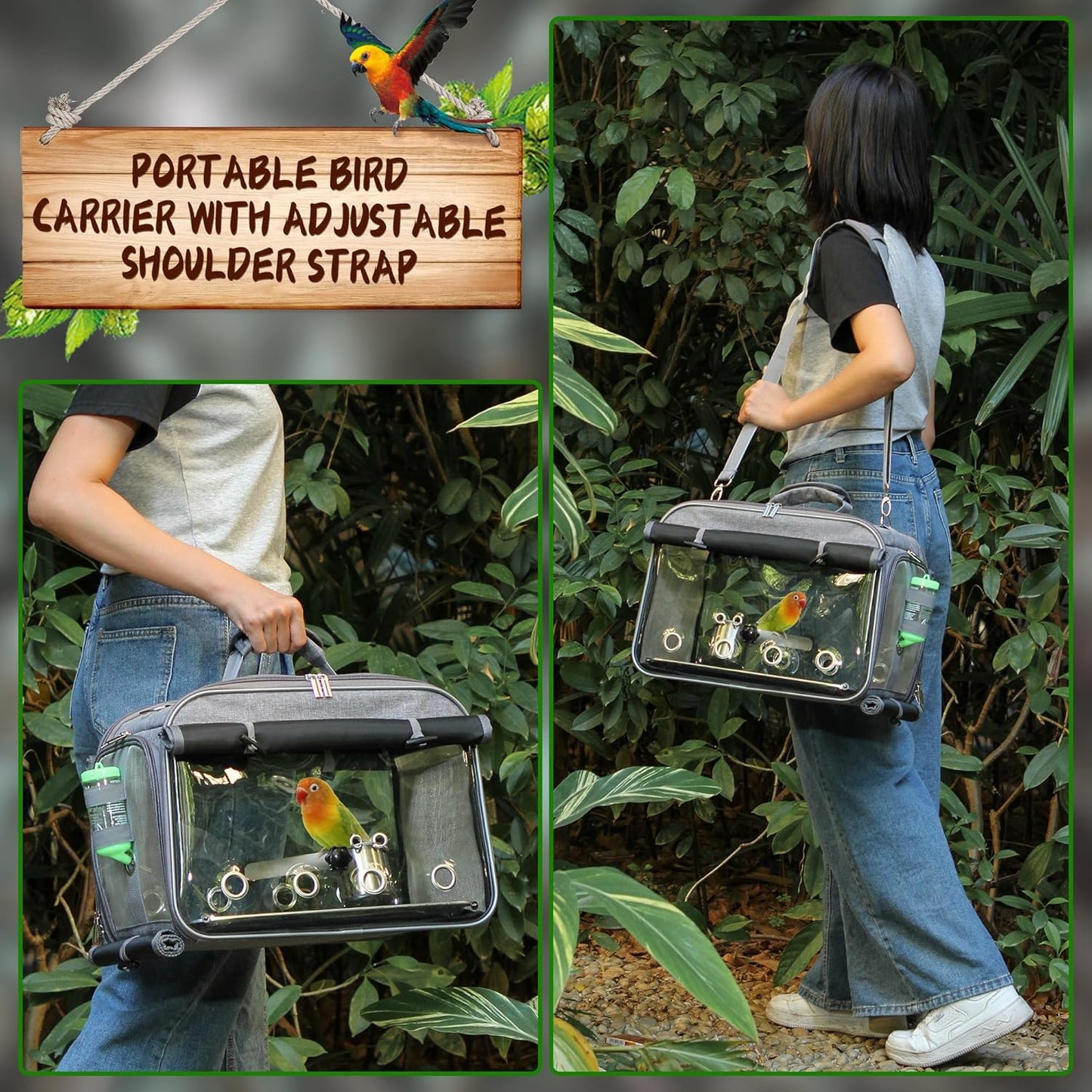 Suertree Bird Carrier Airline Approved, Bird Travel Cage with Indestructible Stainless Steel Mesh, Bird Travel Bag Lightweight and Portable with Water Bottle and Bowl