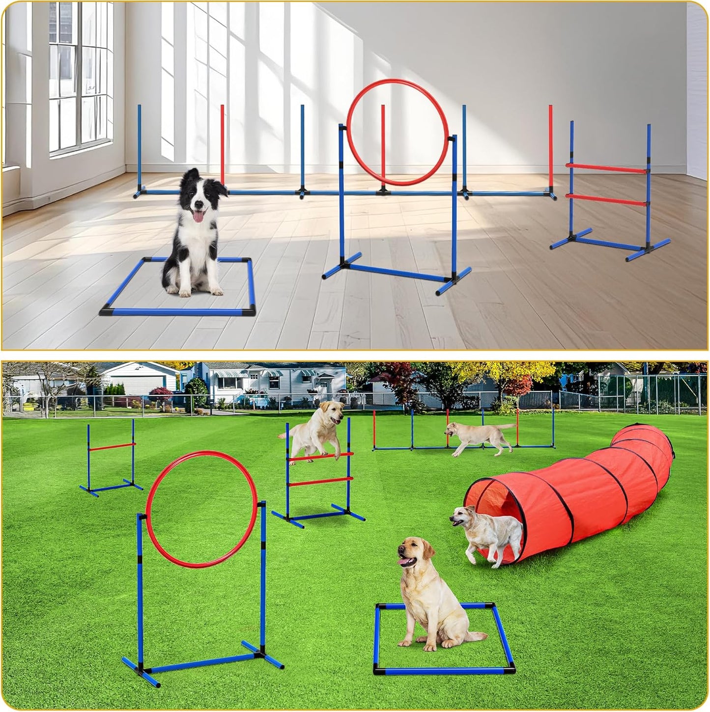 DWVO Dog Agility Accessories Kit: Comprises of a Teaser Pole, 2 Hurdles, 3 Flying Discs, 6 Weaving Poles, Agility Tunnel, Pause Box, Full Set of Agility Equipment for Backyard Indoors Outdoors