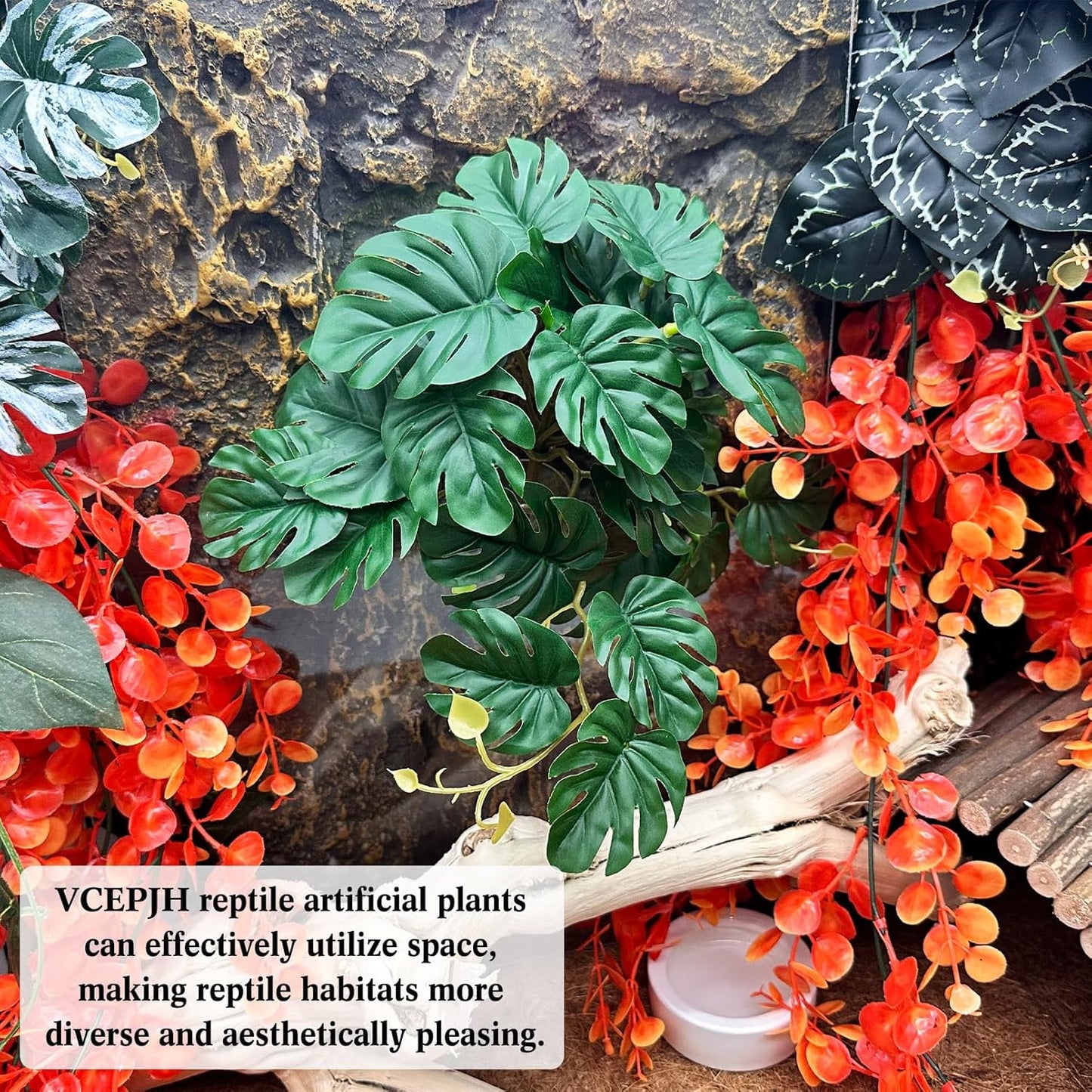 VCEPJH Reptile Bark Bedding,1 LB Natural Cork Bark for Geckos and 2 Pcs Plants with Suction Cup Amphibian Habitat Decor for Bearded Dragon, Lizard, Snake