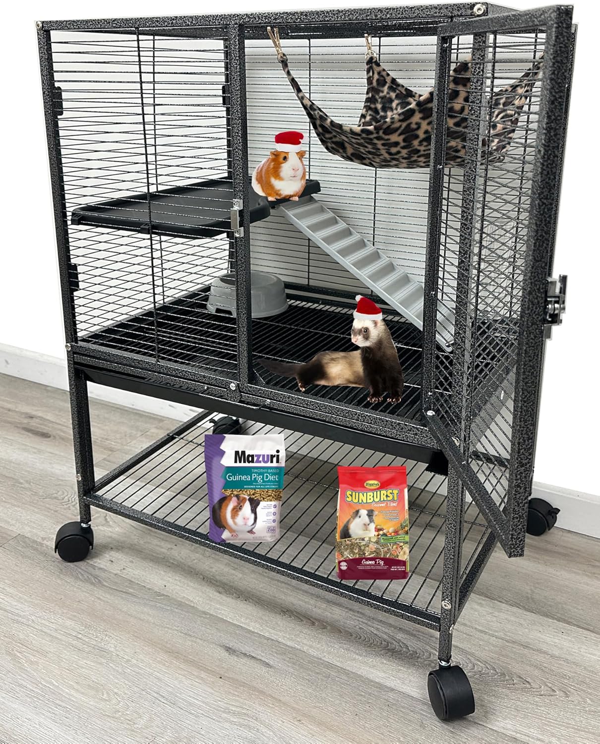 Deluxe Two Tiers Small Animal Critter Cage Tight 1/2-Inch Bar Spacing Water Bottle Food Bowl Feisty Ferret Hammock Chinchilla Rat Mice Squirrel Rabbit Sugar Glider Easy Clean Pull Out Grate Tray