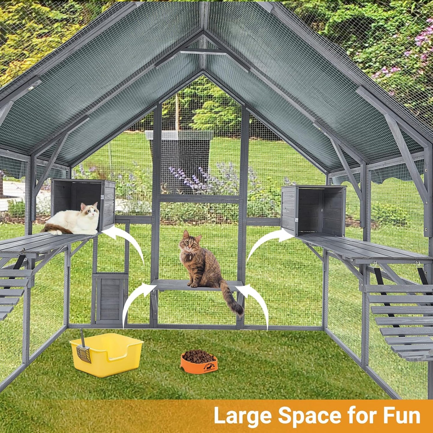 Extra Large Cat Enclosure,110 Inch Large Catio with Waterproof Roof, Pet Habitat for 57 FT² Space, Outdoor Pet House with 7 Platforms,2 Resting Box and 2 Bridges, for Kitty, Rabbit, Poultry Use