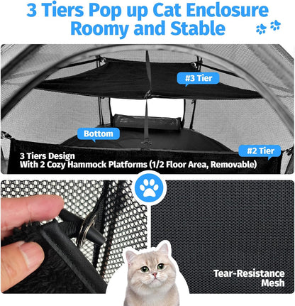 EighteenTek Catio Outdoor Cat Enclosure 3-Tier Pop up Cat Tent Playpen | Portable Kitten Catio Tower | Pet Playpen Indoor/Outdoor Cats Enclosed | Play Tents for Patio Balcony Courtyard Camping