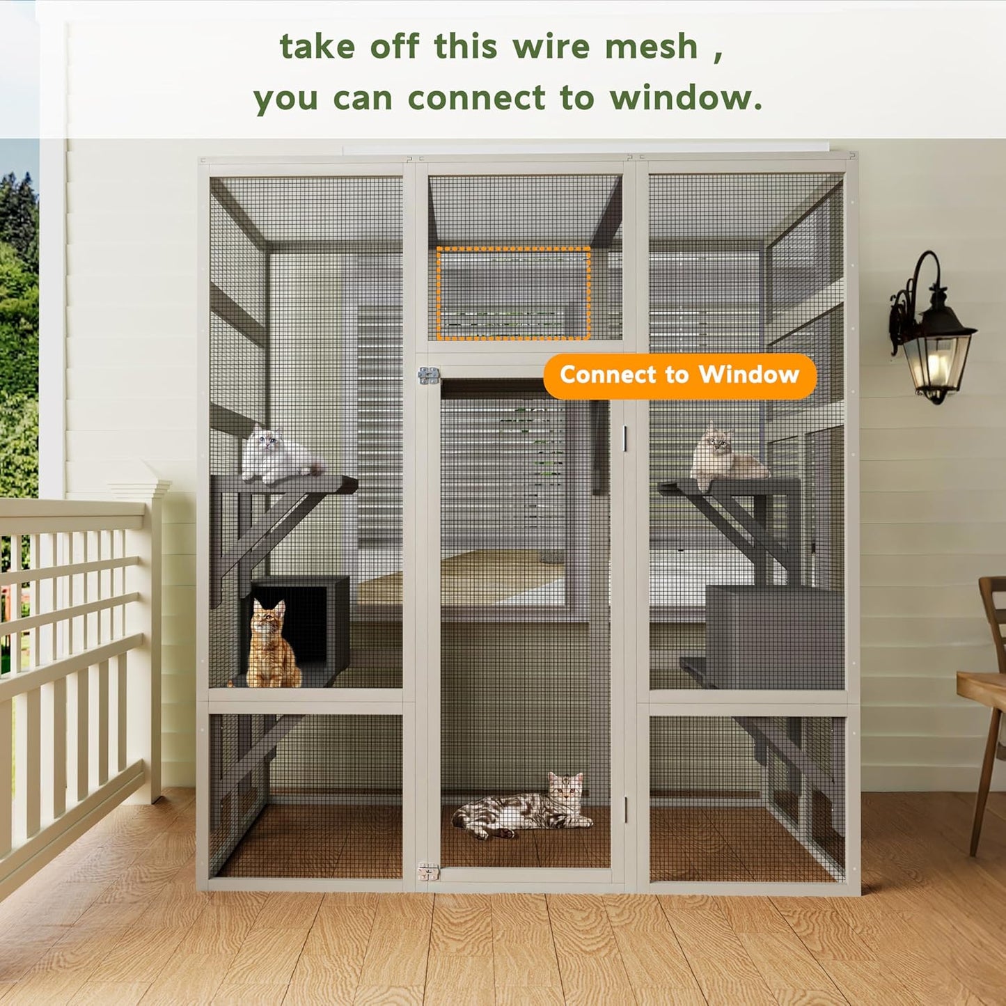 71" Large Outdoor Catio for Cats, Wooden Walk-in Cat Enclosure with Weatherproof Roof, Catio Outdoor Cat Enclosure with 5 Platforms & 2 Cozy Napping Boxes