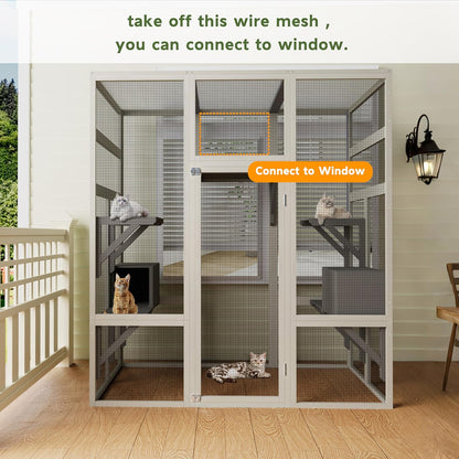 71" Large Outdoor Catio for Cats, Wooden Walk-in Cat Enclosure with Weatherproof Roof, Catio Outdoor Cat Enclosure with 5 Platforms & 2 Cozy Napping Boxes