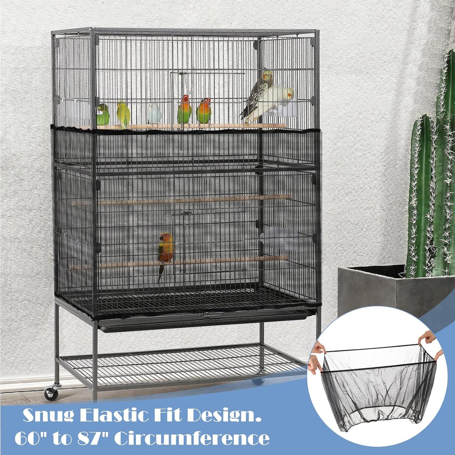 Adjustable Bird Cage Seed Catcher Net Cover Elastic Band Mesh Cover Black for Parrot Cages