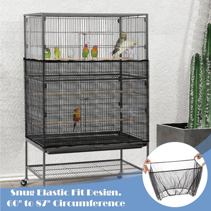 Adjustable Bird Cage Seed Catcher Net Cover Elastic Band Mesh Cover Black for Parrot Cages