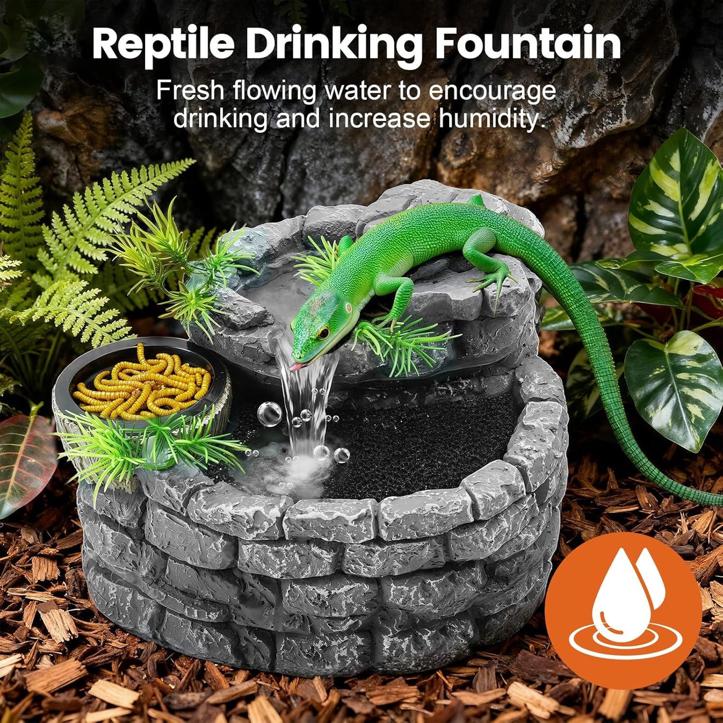 MIXJOY 2 in 1 Reptile Water Fountain with Food Dish 550ML, Terrarium Reptile Waterfall Drinking Fountain, Reptile Water Dispenser for Bearded Dragon Gecko Tree Frog Turtle Chameleon Leopard Lizard
