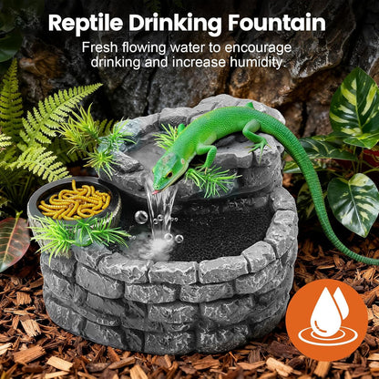 MIXJOY 2 in 1 Reptile Water Fountain with Food Dish 550ML, Terrarium Reptile Waterfall Drinking Fountain, Reptile Water Dispenser for Bearded Dragon Gecko Tree Frog Turtle Chameleon Leopard Lizard