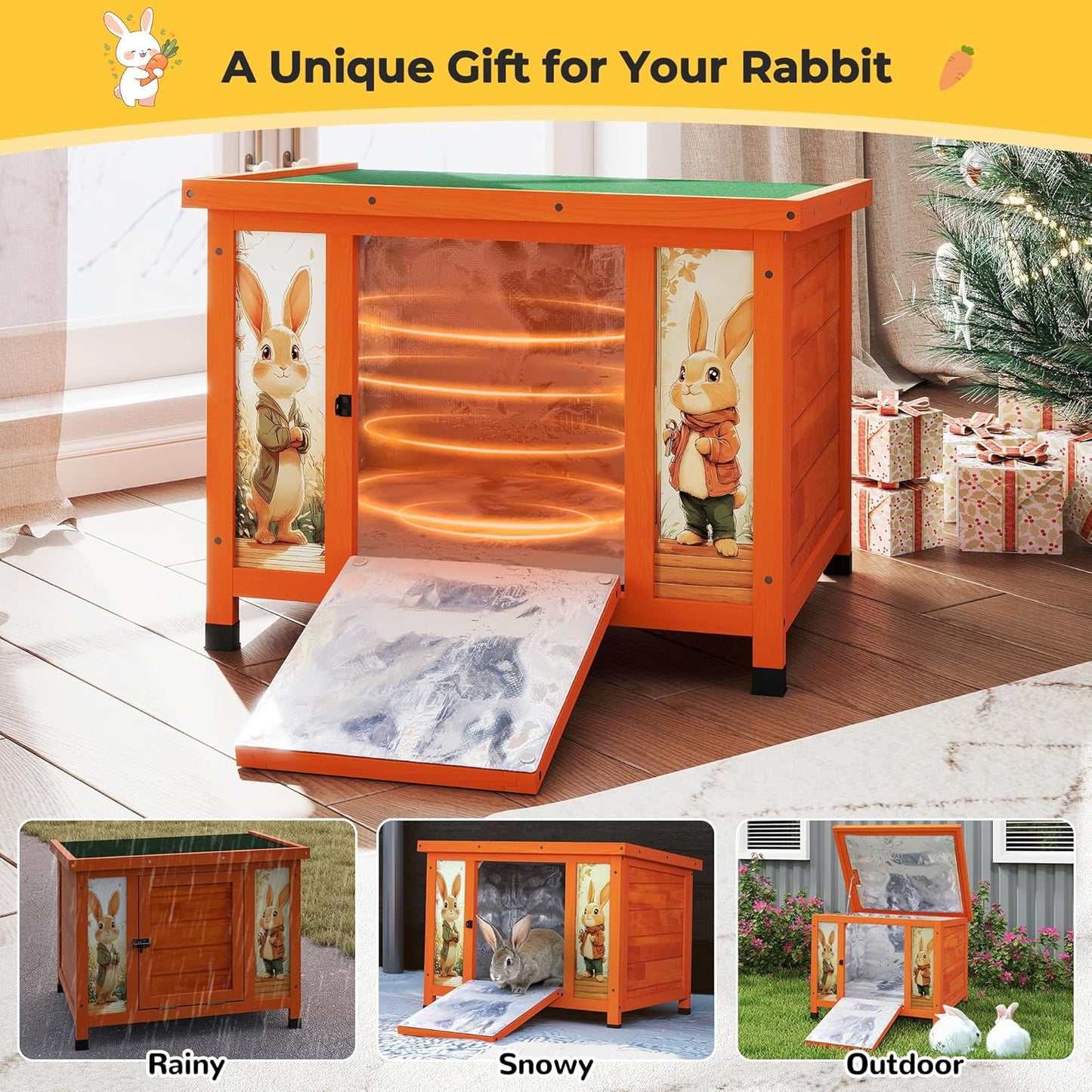 COZIWOW 24 Inch Rabbit Hutch with Insulation Layer, All-Weather Wooden Bunny Cage, Indoor Outdoor Weatherproof Pet Shelter for Winter, Rabbits/Cats/Chicken, Orange