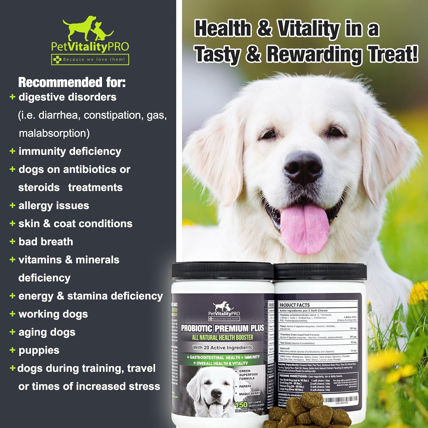 Probiotics for Dogs with Natural Digestive Enzymes ● 4 Bill CFUs/2 Soft Chews ● Dog Diarrhea Upset Stomach Yeast Gas Bad Breath Immunity Allergies Skin Itching Hot Spots ● 150 Count
