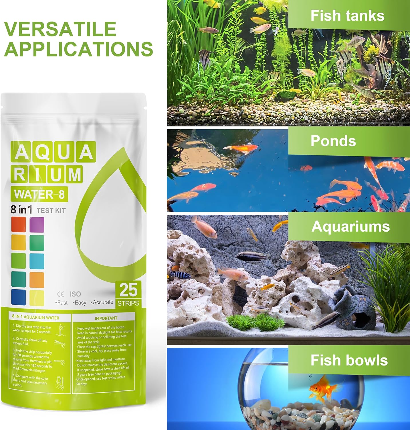 AAwipes Aquarium Ammonia Test Strips 8-in-1 |25 Strips | Quick & Accurate Water Testing Test pH, Carbonate, Alkalinity, Hardness, Chlorine, Nitrite, etc. (K02-25)