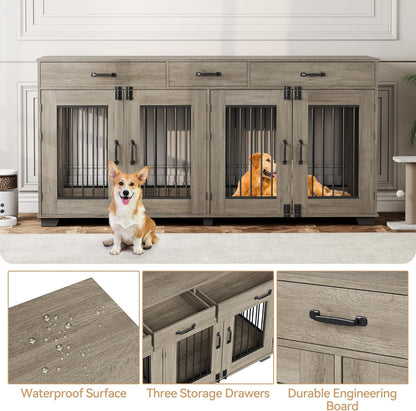 71'' Double Dog Crate Furniture, Large Dog Kennel Indoor with 3 Storage Drawers and Removable Divider for 2 Dogs, Heavy Duty Decorative Dog House TV Stand Side Table for Medium Large Dogs, Grey