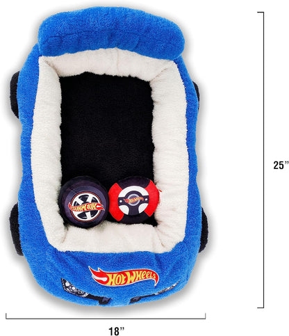 Hot Wheels Plush Car Pet Bed – Themed Blue Car Design for Dogs and Cats with Toy Steering Wheel and Tire