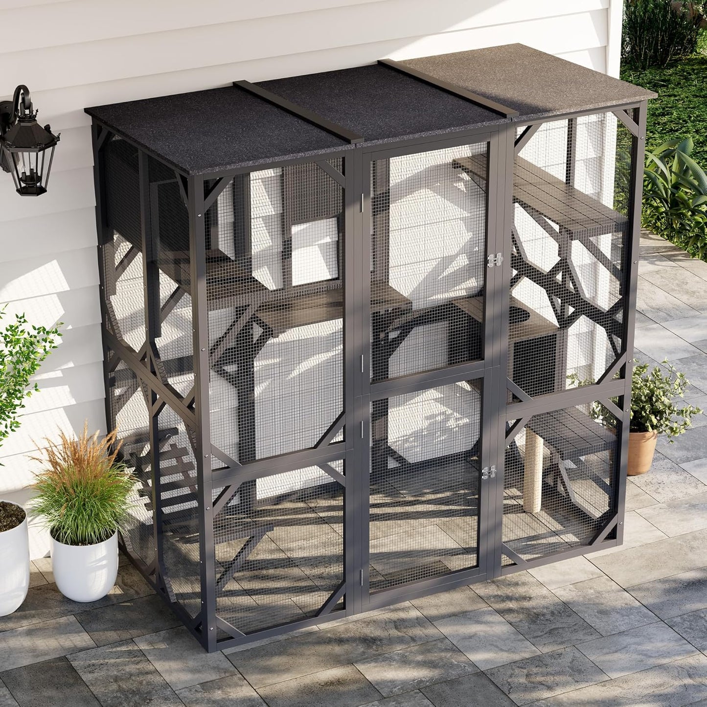 70 Inch Outdoor Walk-in Cat Enclosure with Window, Waterproof Roof Cattery with Bridge and Scratching Post Outdoor Patio Cat Playpen, Grey