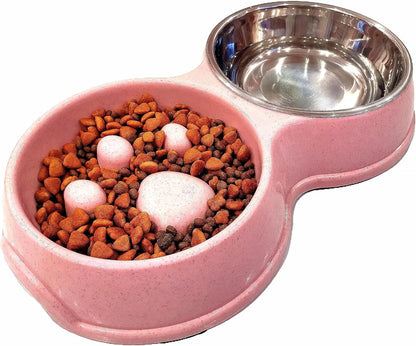 Slow Feeder Dog cat Double Bowl Stainless Steel and Anti-Choking Pink