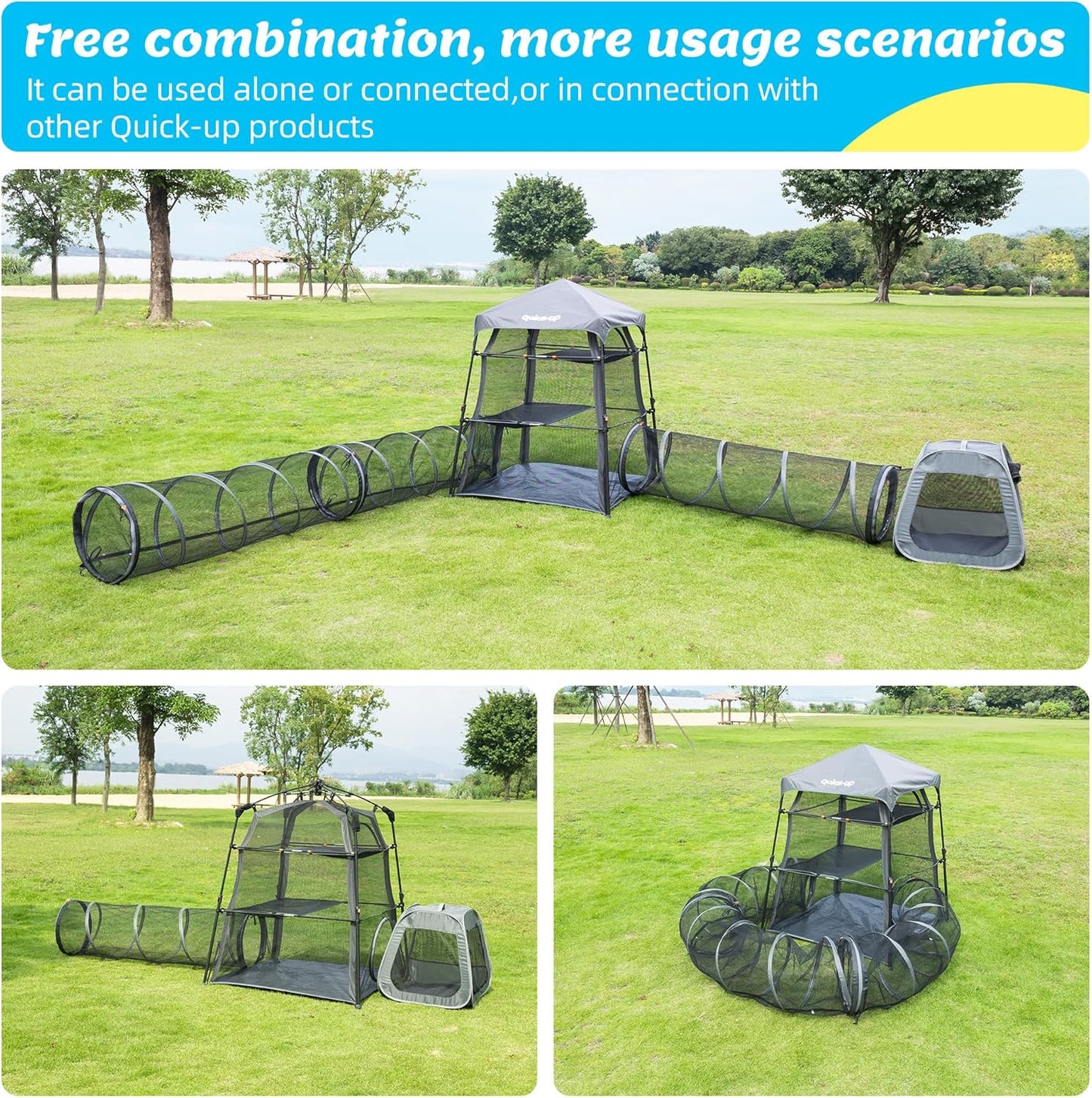 Catio Outdoor Cat Enclosure Combo for Indoor and Outdoor,3 Tier Cage Inside,Pop up Catio,Portable and Foldable(Includes cat Tower Tent, Tunnel and cage) Plus 2 cat Tunnel +1 Cube