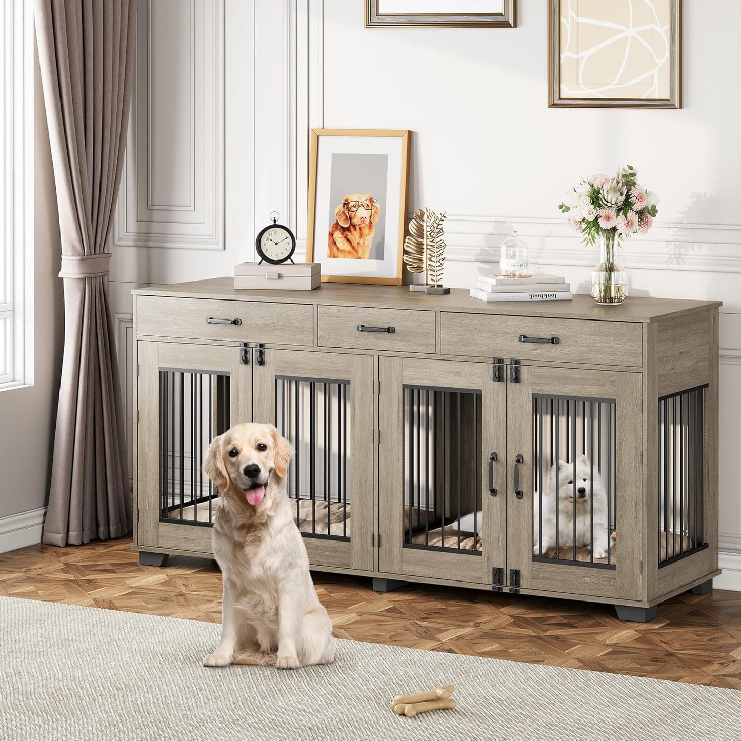 71'' Double Dog Crate Furniture, Large Dog Kennel Indoor with 3 Storage Drawers and Removable Divider for 2 Dogs, Heavy Duty Decorative Dog House TV Stand Side Table for Medium Large Dogs, Grey
