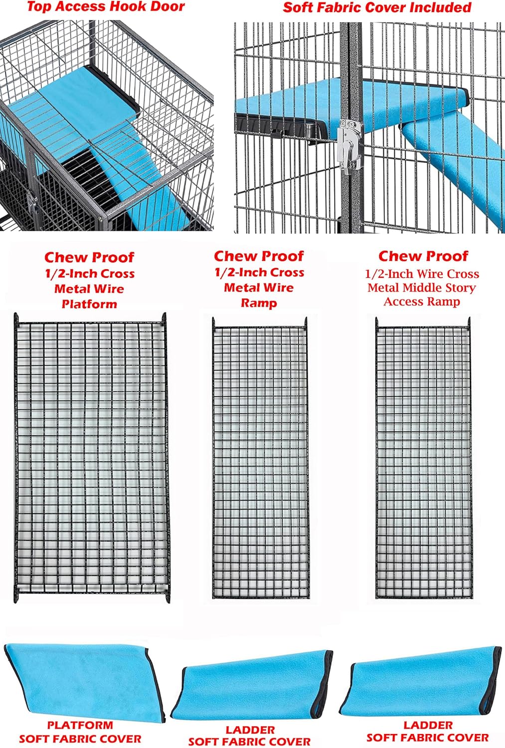 Deluxe Double Unit Two Full Story Durable Front Doors Tight 1/2-inch Wire Spacing Chew-Free Small Animal Critter Home Cage Water Bottle Food Bowl for Feisty Ferret Hammock Rat Mice On Wheels