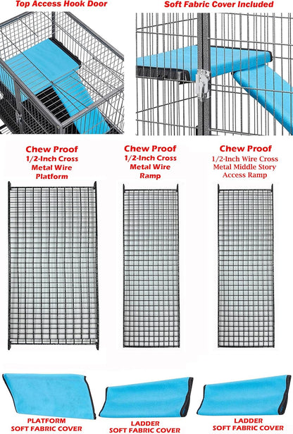 Deluxe Double Unit Two Full Story Durable Front Doors Tight 1/2-inch Wire Spacing Chew-Free Small Animal Critter Home Cage Water Bottle Food Bowl for Feisty Ferret Hammock Rat Mice On Wheels
