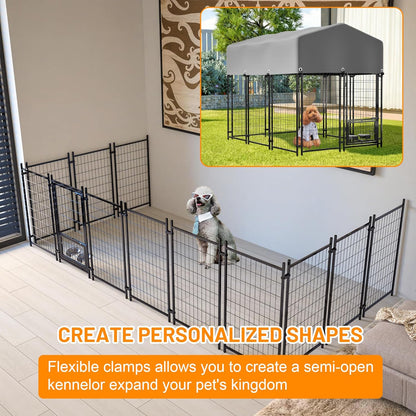 Dog Crate Furniture, Dogs Cage House Kennel - 4.23'x5.82'x4.83' Welded Wire Enclosure, Heavy Duty Dog Crate with UV-Resistant Waterproof Cover, Double Lock & Rotating Feeder,1.8x1.3x1.5mGrey-Met