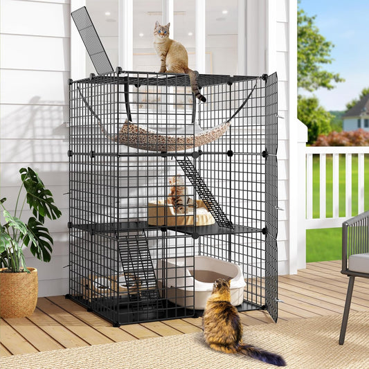 DWVO Indoor Metal Cat Cage: 3-Level Enclosure with Hammock Stairs for 1-2 Kittens, Small Animals
