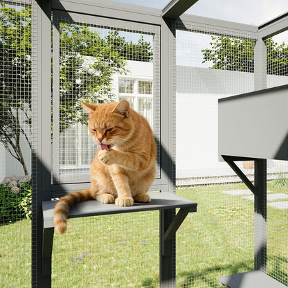 70 Inch Catio Outdoor Cat Enclosure, Large Cat House for Outdoor Cats with Enhanced Security Structure, Outside Cat Patio Cattery Weatherproof for Multiple Indoor Outdoor Cats, Grey