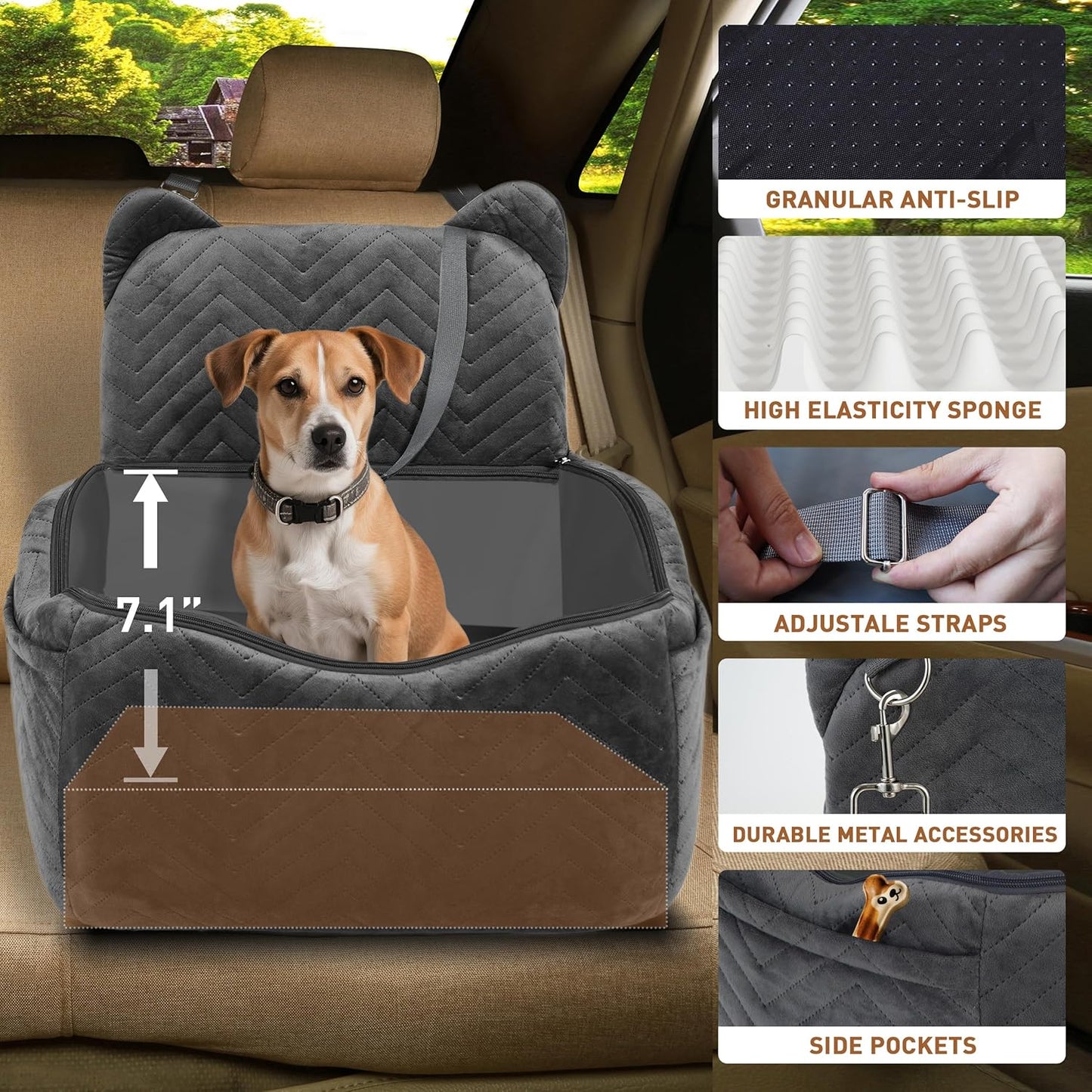 Dog Car Seat for Small/Medium Dogs Up to 30 lbs, Memory Foam Dog Booster Car Seats with Waterproof PU Cover, Pet Seat with Storage Pockets & 2 Safety Belt for Travel(Grey)