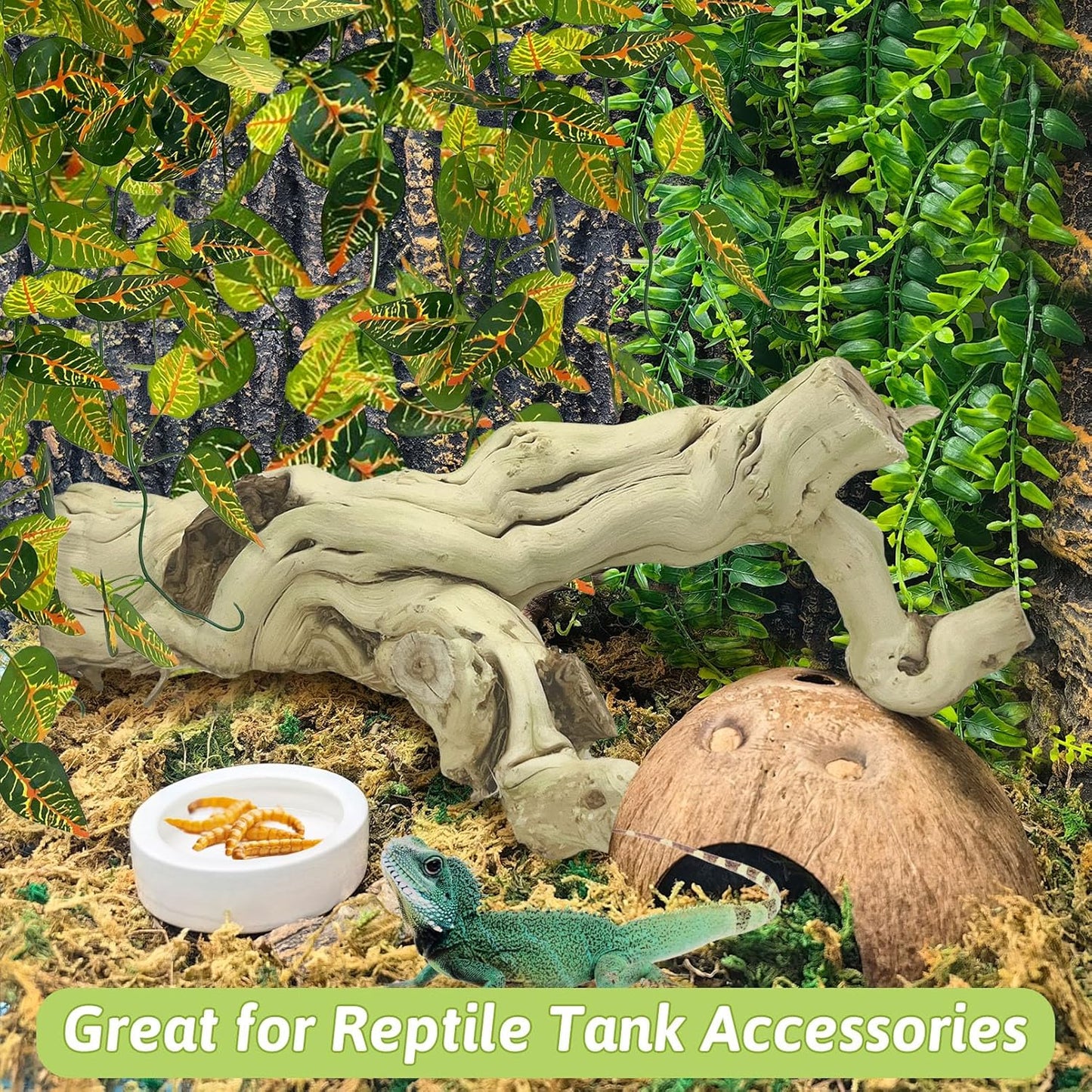 VCEPJH Snake Climbing Branch, 2Pcs Reptile Wood Natural Cork Log and 4 Pcs Reptile Plants, Climbing Wood Branch Terrarium Hanging Fake Plant Leaves for Snake Leopard Gecko Lizard Chameleon