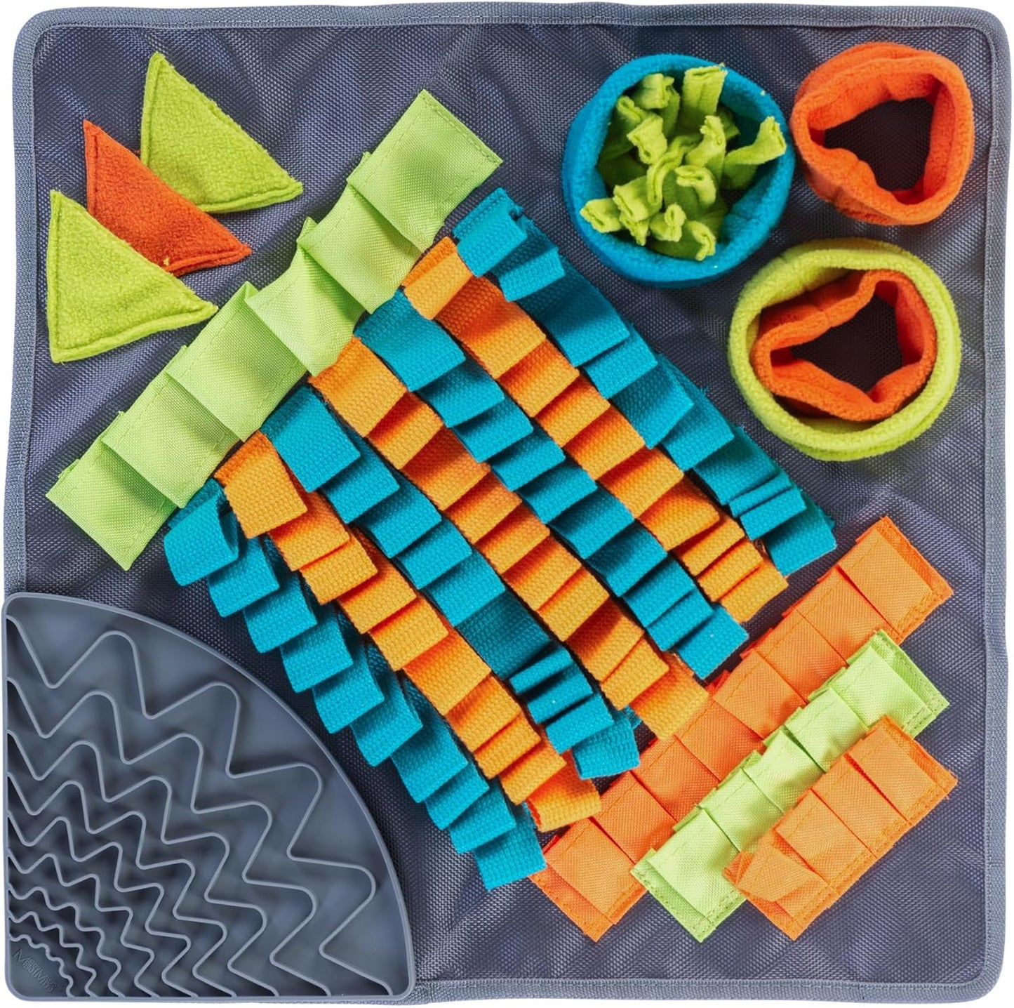 Messy Mutts Square 16" x 16" Forage and Lick Mat with Non-Slip Suction Cups | Stimulating Sniffing Interactive Puzzle for Dogs | Silicone Triangle Licking