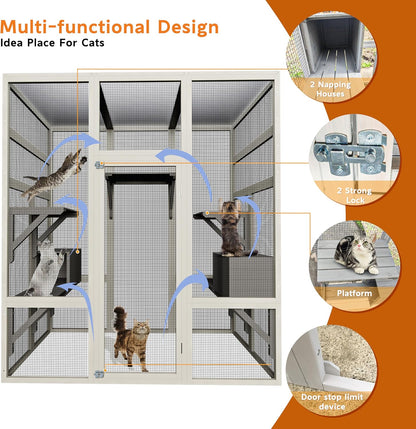 71" Large Outdoor Catio for Cats, Wooden Walk-in Cat Enclosure with Weatherproof Roof, Catio Outdoor Cat Enclosure with 5 Platforms & 2 Cozy Napping Boxes