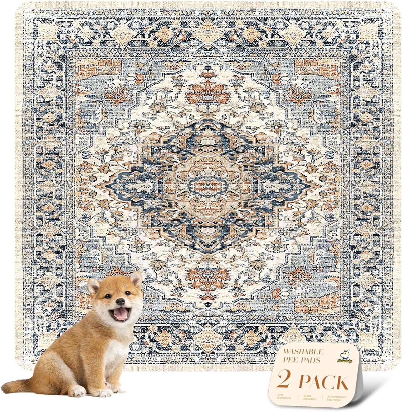 nunubaby Washable Pee Pads for Dogs, Stylish, Non-Slip and Leak-Proof Pee Pads. Reusable Potty Pads for Dogs for Crates and Floors.(Beige/Multi, 36" x36" )