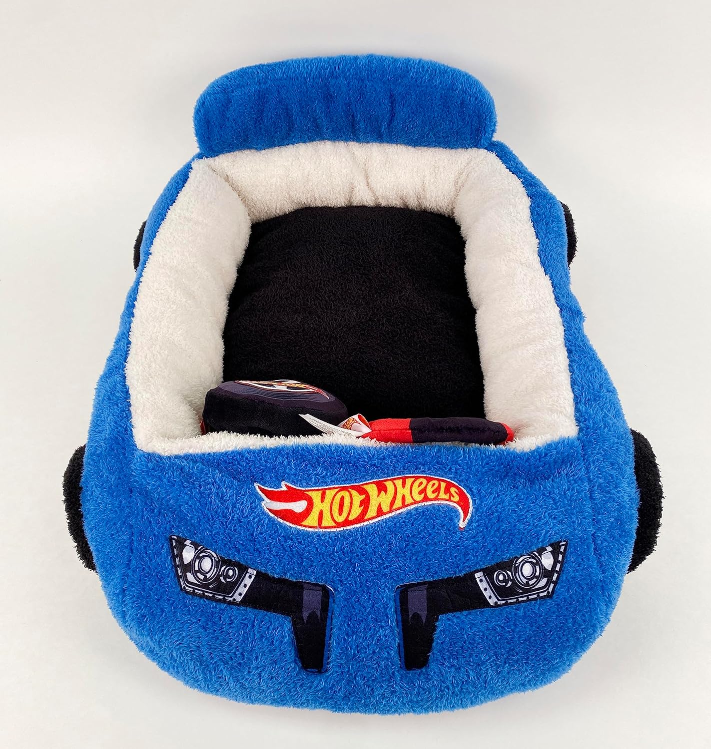 Hot Wheels Plush Car Pet Bed – Themed Blue Car Design for Dogs and Cats with Toy Steering Wheel and Tire
