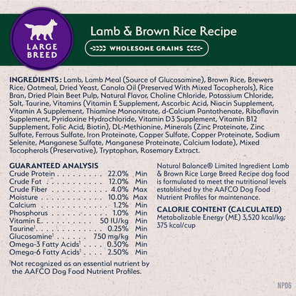 Natural Balance Limited Ingredient Large Breed Adult Dry Dog Food with Healthy Grains, Lamb & Brown Rice Recipe, 26 Pound (Pack of 1)